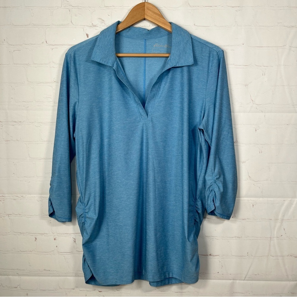 Eddie Bauer Long Sleeve V-Neck Stretch Ruched Top Womens Size XL Blue